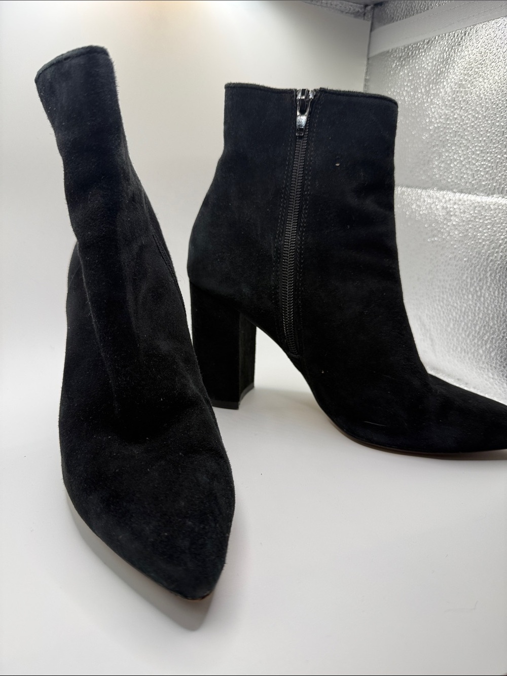 Aldo Black Suede Pointed Toe Block Heel Ankle Booties